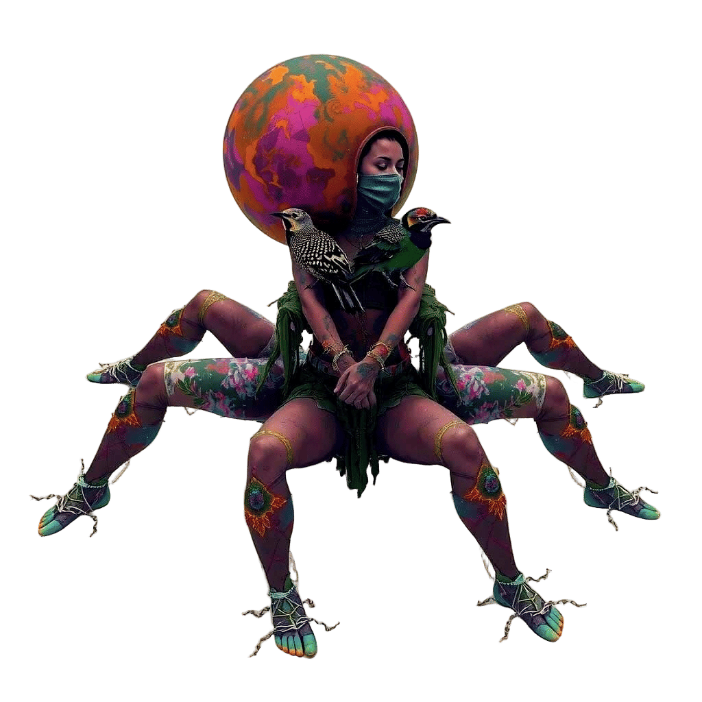 Woman Carries Birds, Nature Intertwined in Dreamlike Concept...