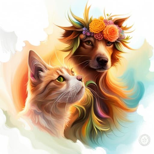 Floral Explosion: Cat and Dog Head in Digital Art