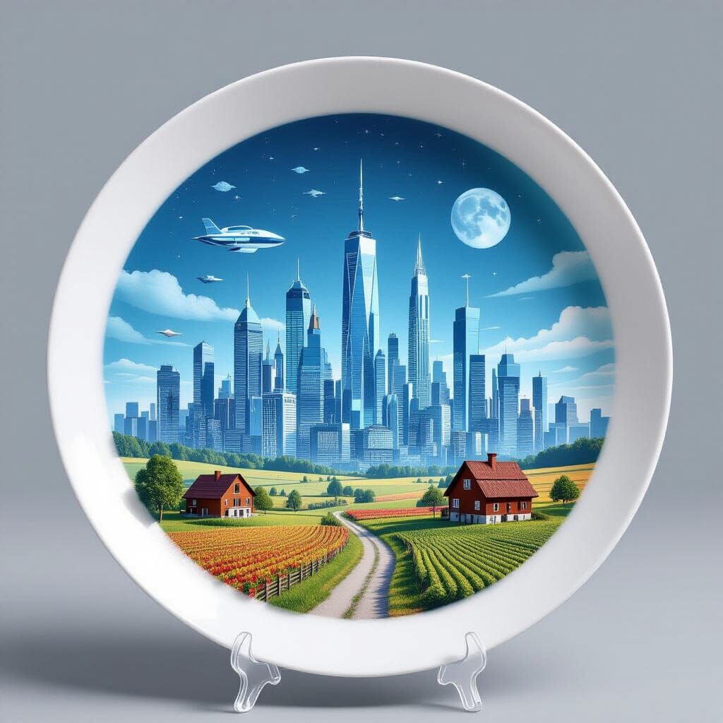 Futuristic and Rural Miniature Cities on Plates