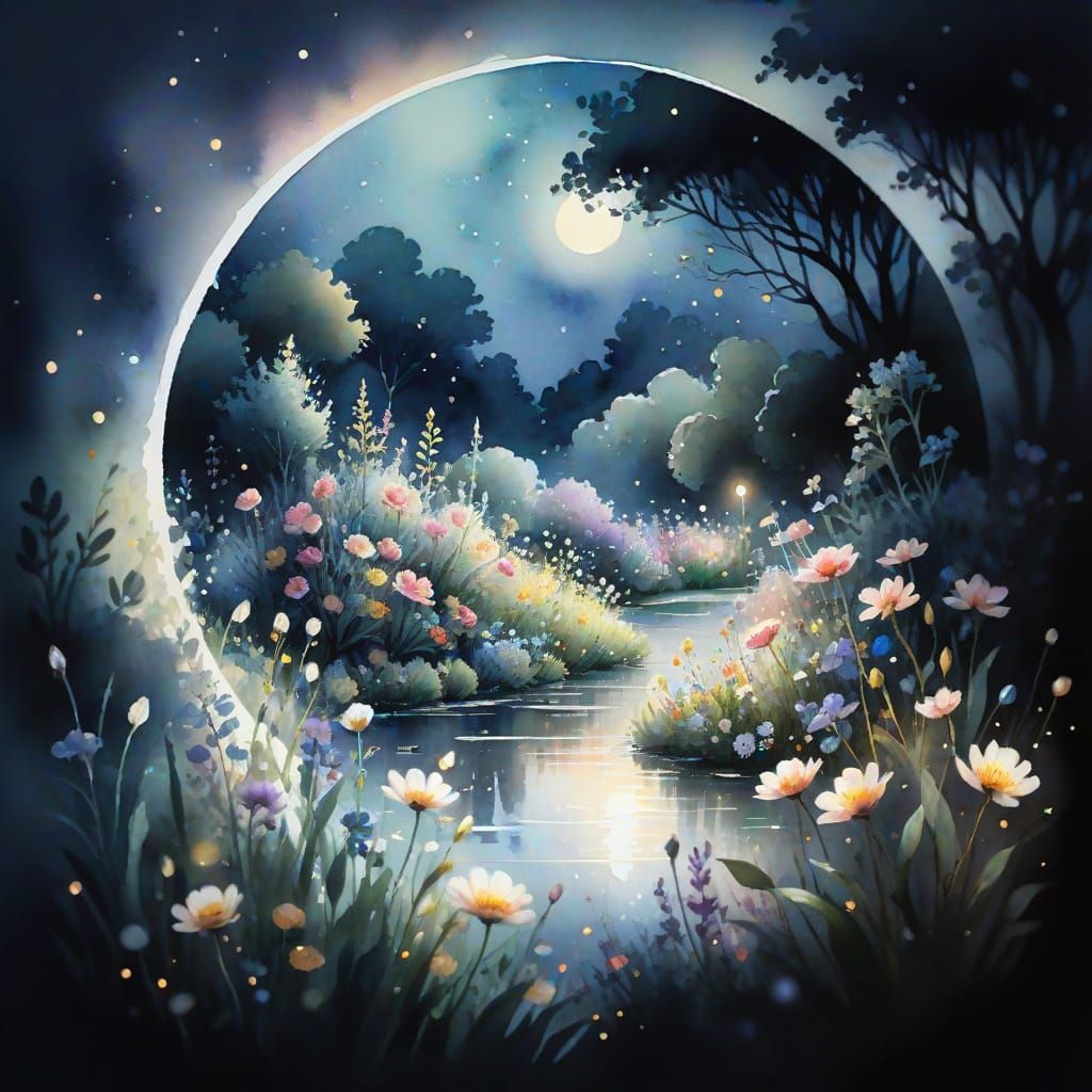 Moonlit Garden in Dreamy Watercolor Style