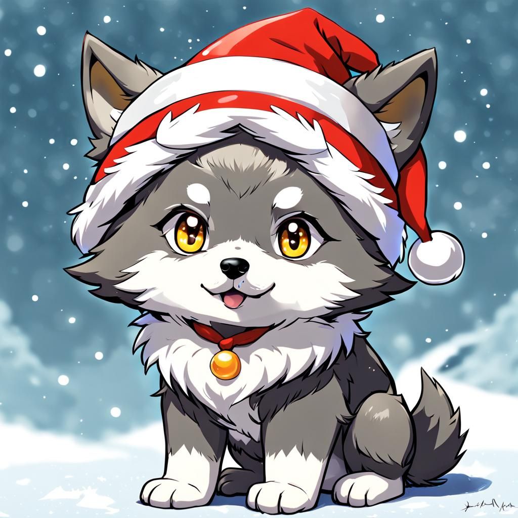 Cute Anime Baby Wolf in Santa Hat