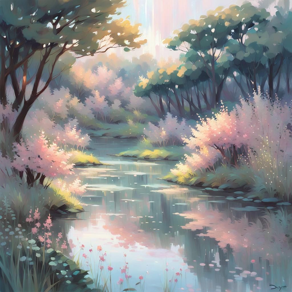 Ethereal Pastel Landscape with Holographic Lights