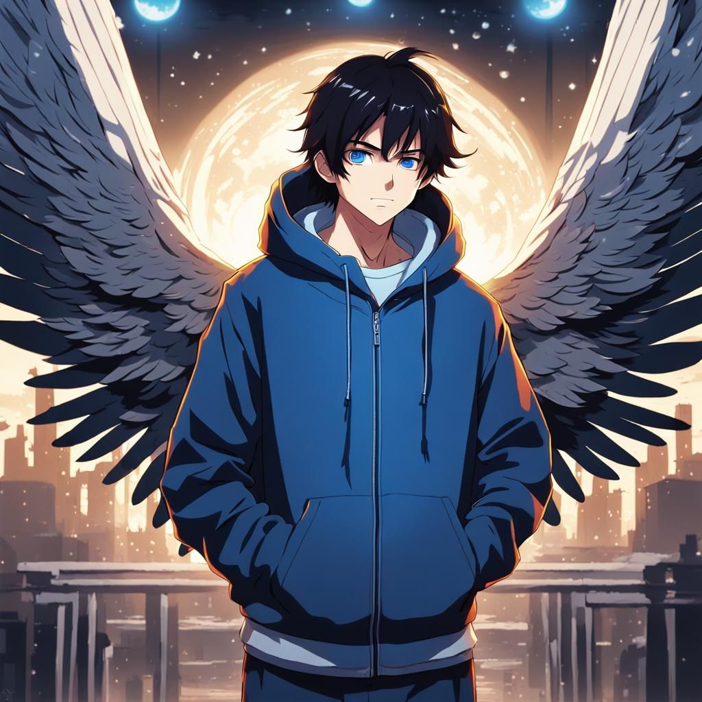 Anime Fallen Angel with Grey Wings in Cel-Shaded Style
