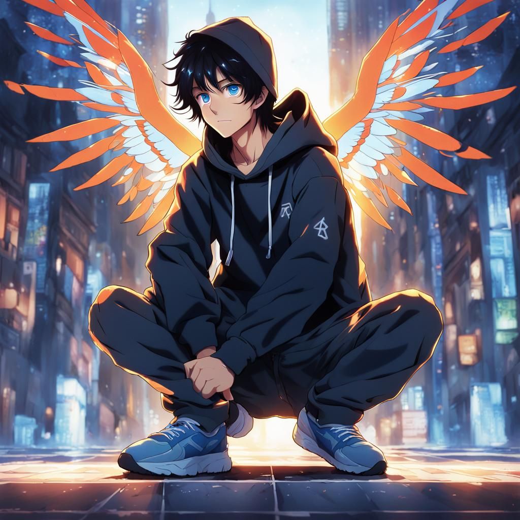 Anime Boy with Wings in Cel-Shaded Style