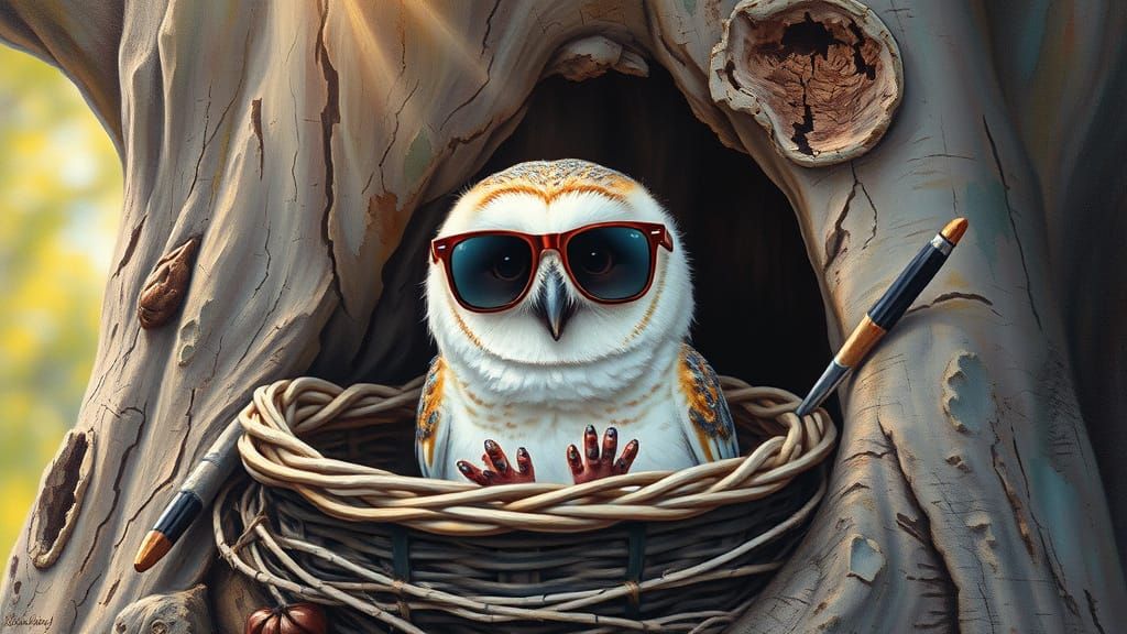 Cute Baby Barn Owl Oil Painting in Sunshine