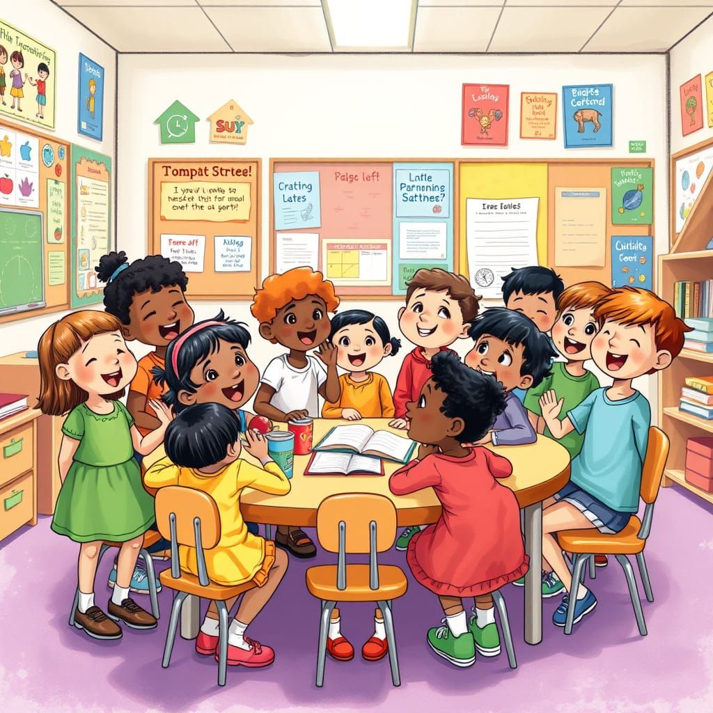 Whimsical Classroom Scene of Diverse Children Exploring the ...