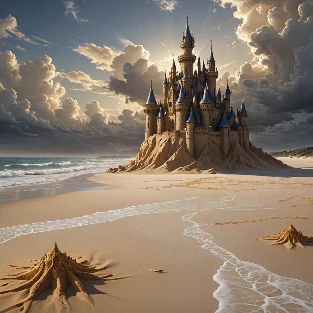 Golden Sandcastle on White Sand Beach in Dark Fantasy Style