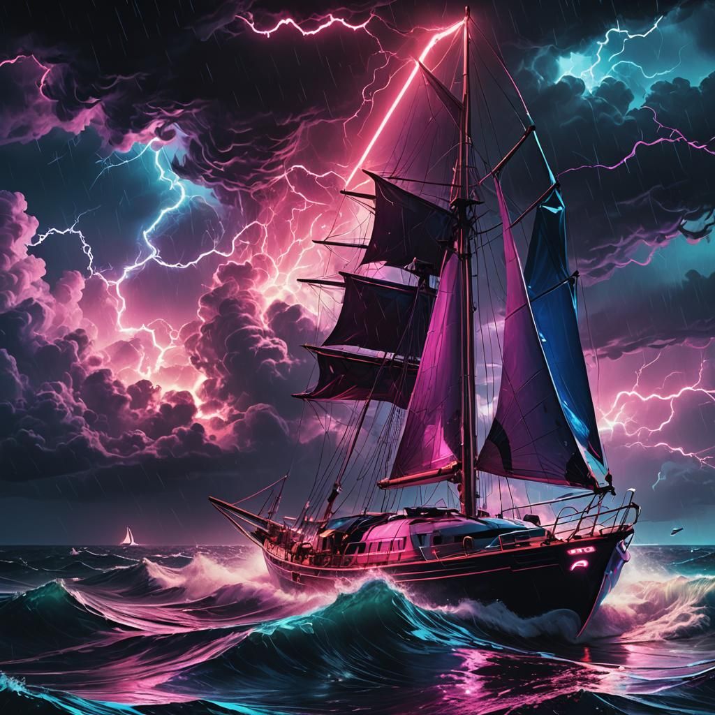 Neon Cyberpunk Sailboat in Stormy Sea Close-Up