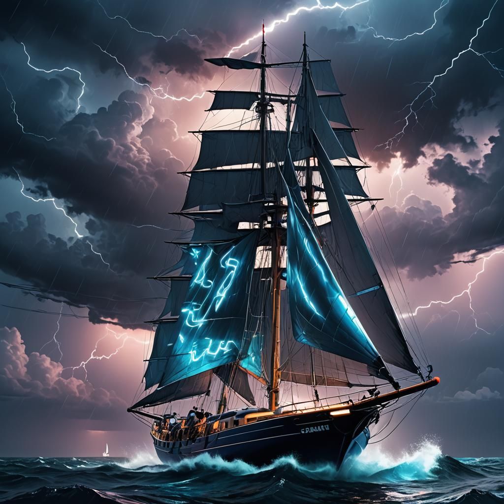 Cyberpunk Sailboat Navigating Stormy Seas in Fluorescent Lig...