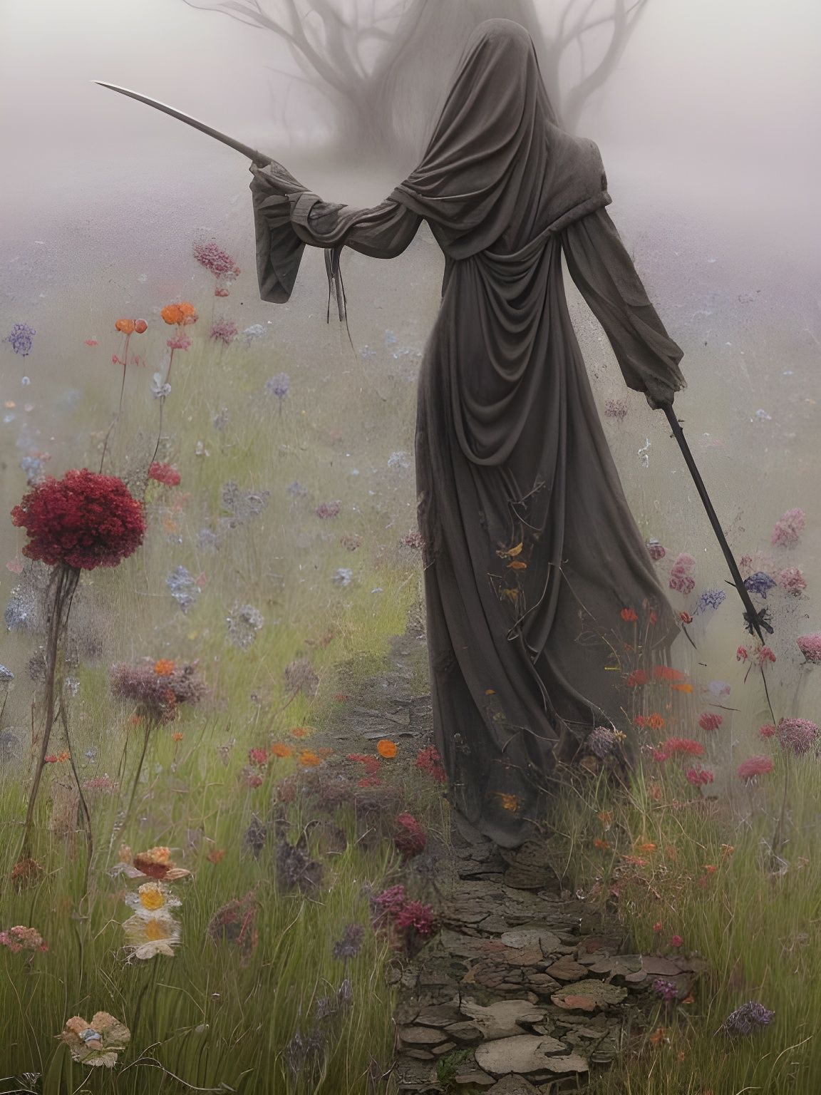 Ominous Grim Reaper in Misty Garden