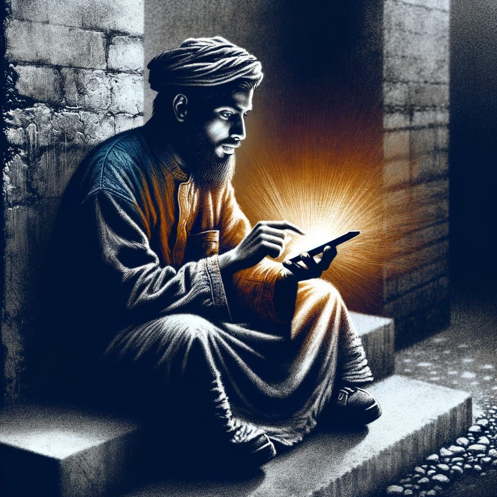 Woman on Doorstep Absorbed in Mobile Device