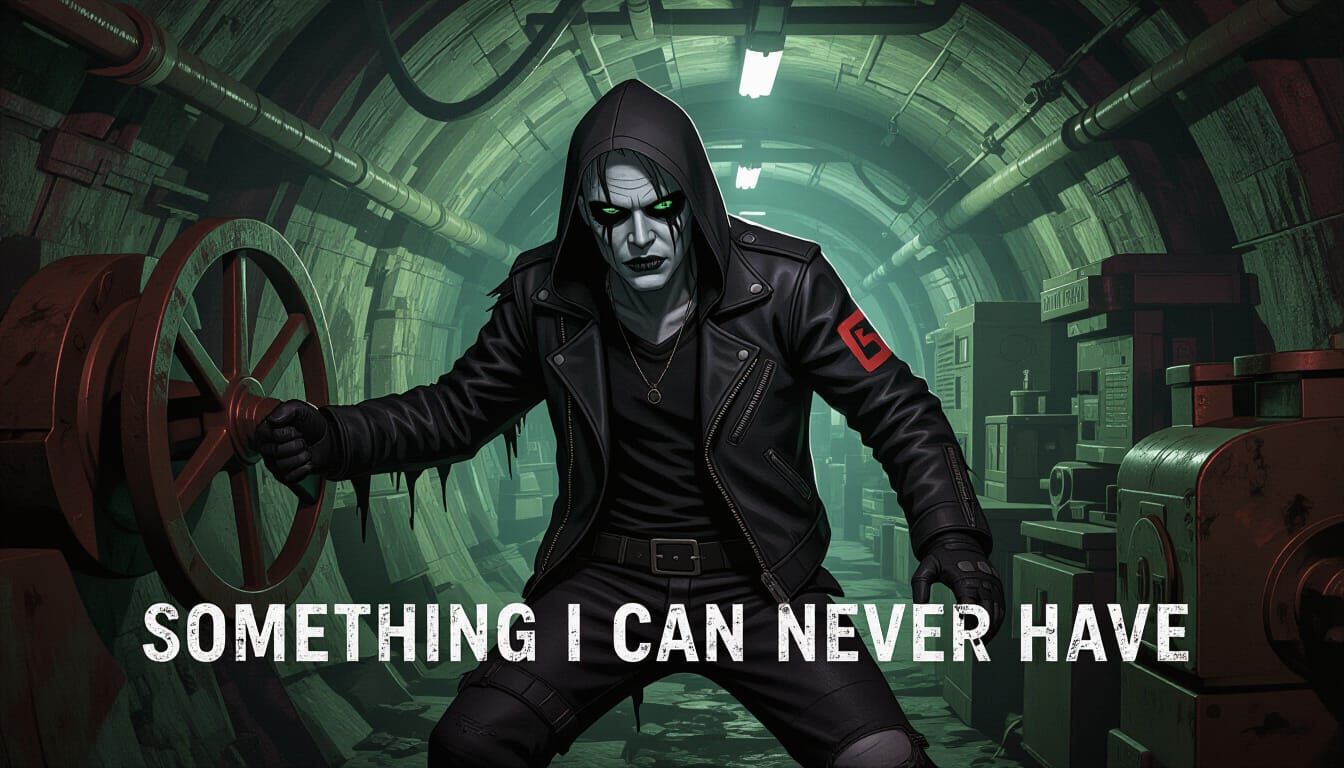 Depressed Goth Miner in Dimly Lit Industrial Mine