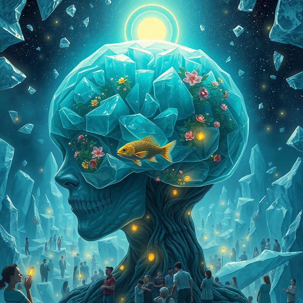 Surreal Mindscape: Fish Swimming in Glacial Skull