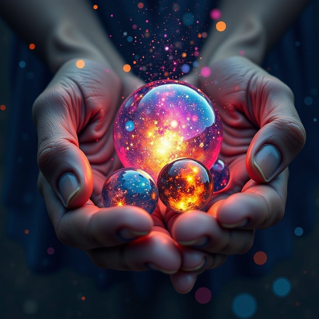 Surreal Cosmic God Reaches for Celestial Marbles in His Palm