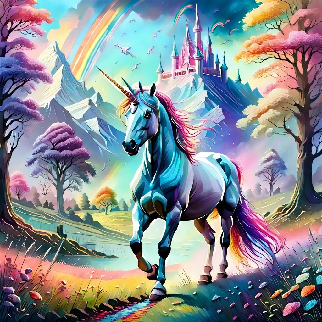 Rainbow Unicorn in Pastel Glade: Gouache Impressionist Paint...