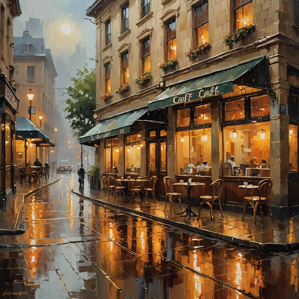 Cozy Café on Rainy Street Corner, Impressionist Painting