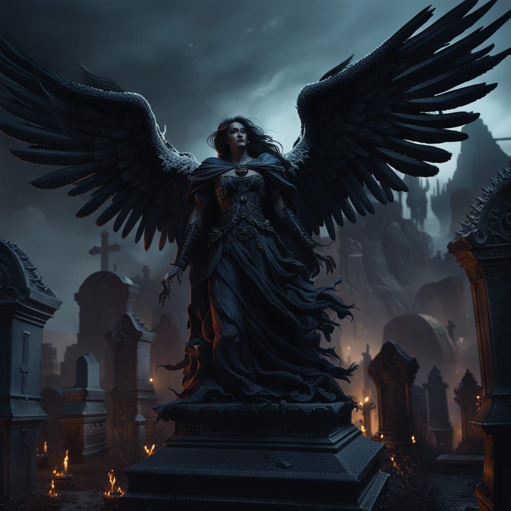 Dark Angel Over Cemetery, Hyperdetailed Fantasy Art