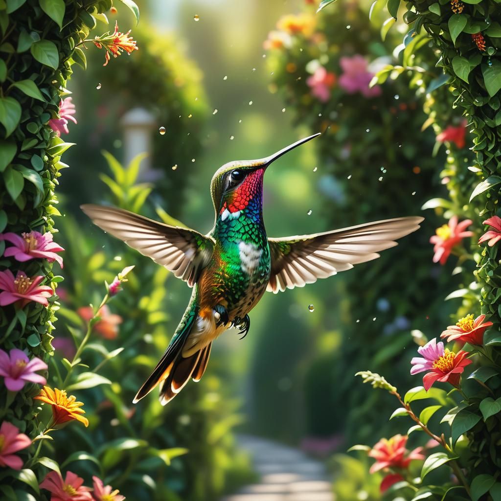 Hummingbird Feeds Above Maze: Hyperrealistic Concept Art