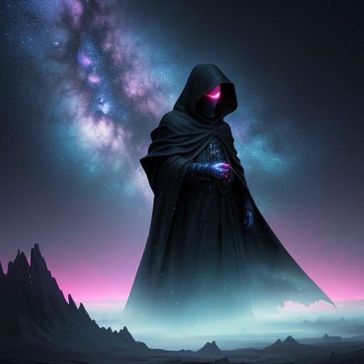 Glowing Hooded Figure in Cosmic Expanse