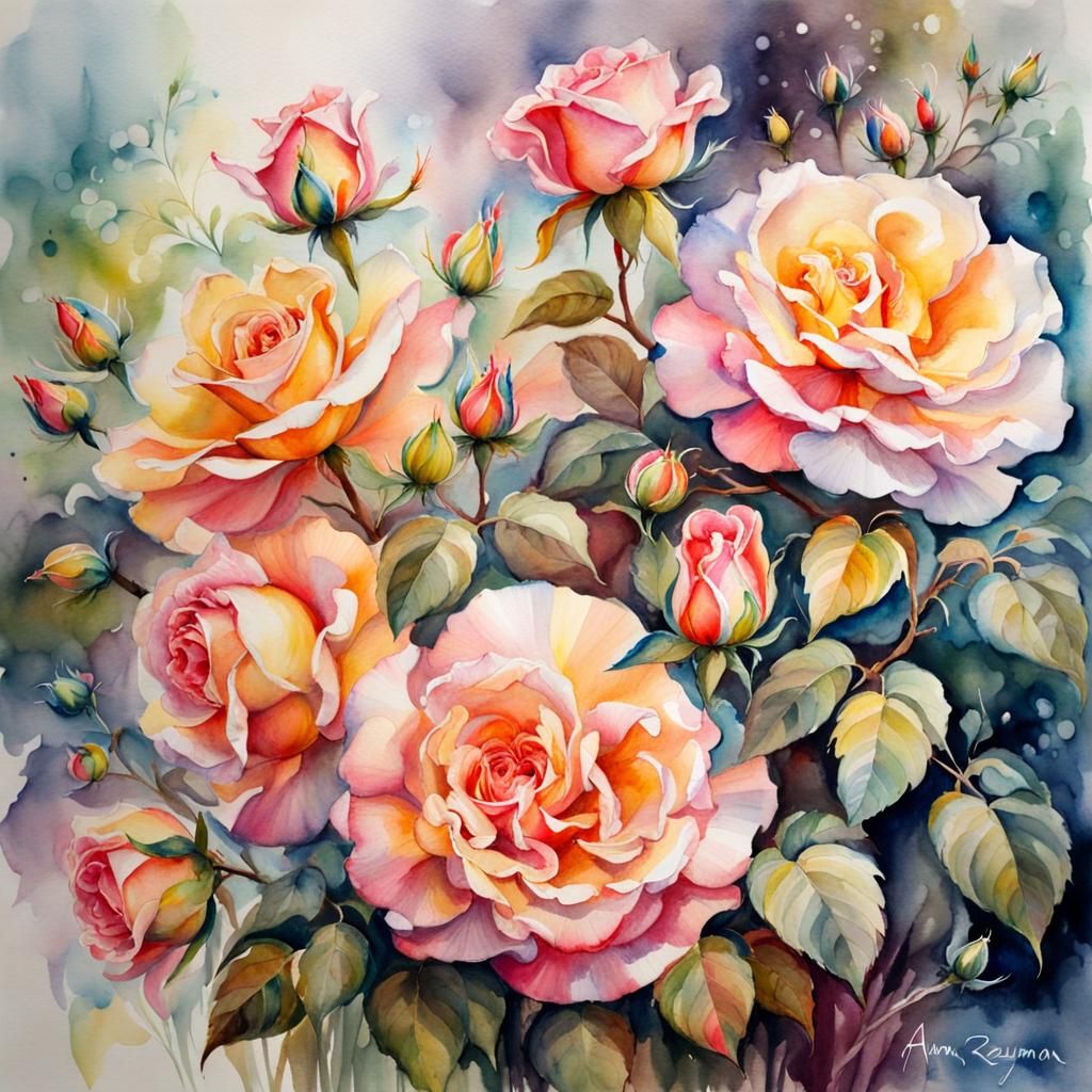 Fantasy Rose Bush in Watercolour Style