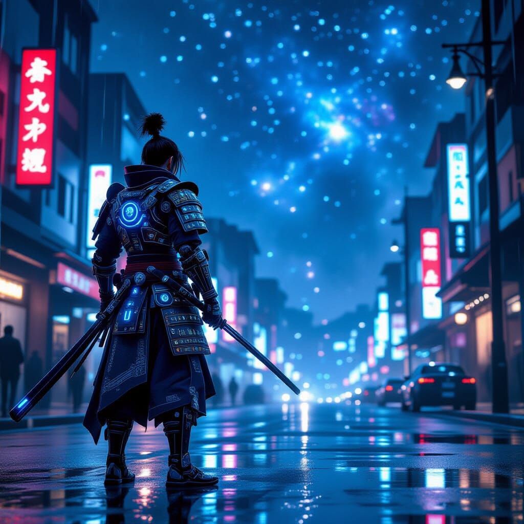 Cyberpunk Samurai in Cosmic Cityscape, Hyperrealistic Style