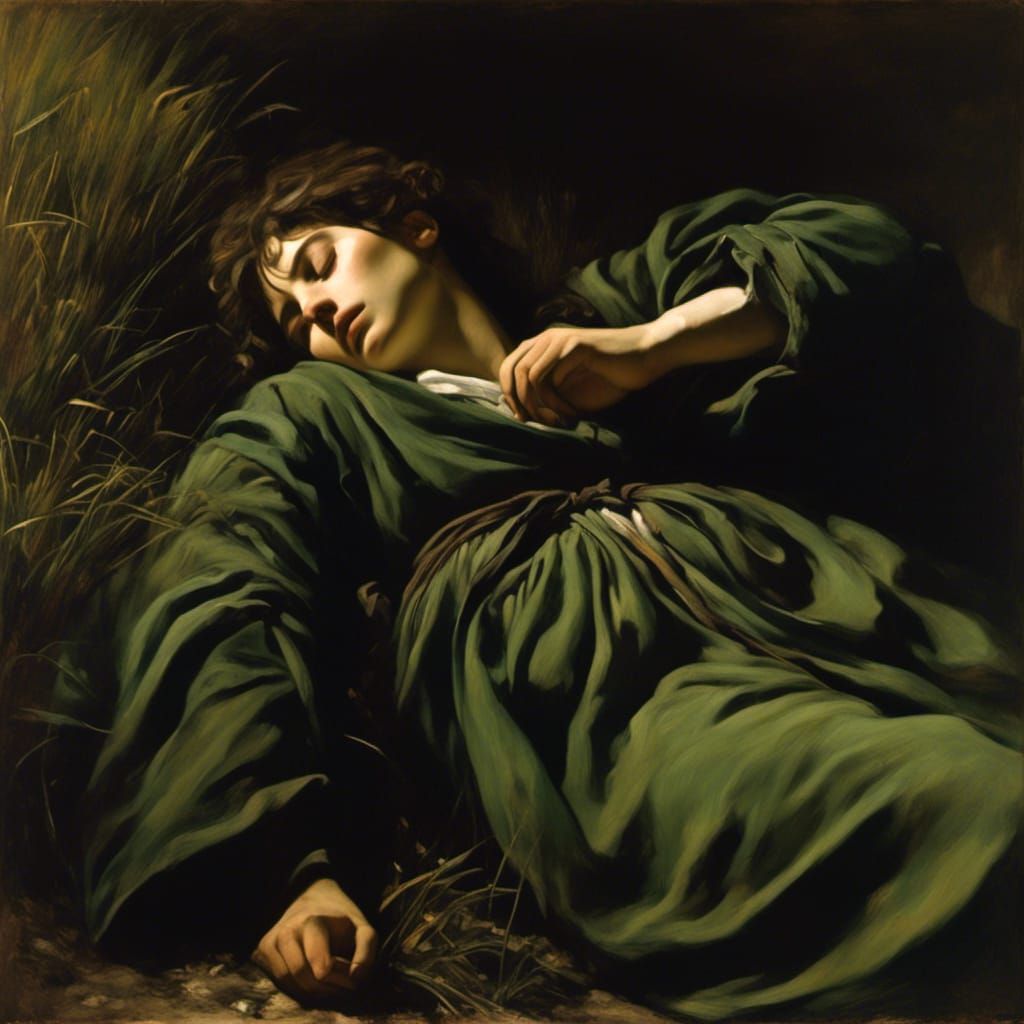 Woman in Green Robe Sleeping: Caravaggio-Style