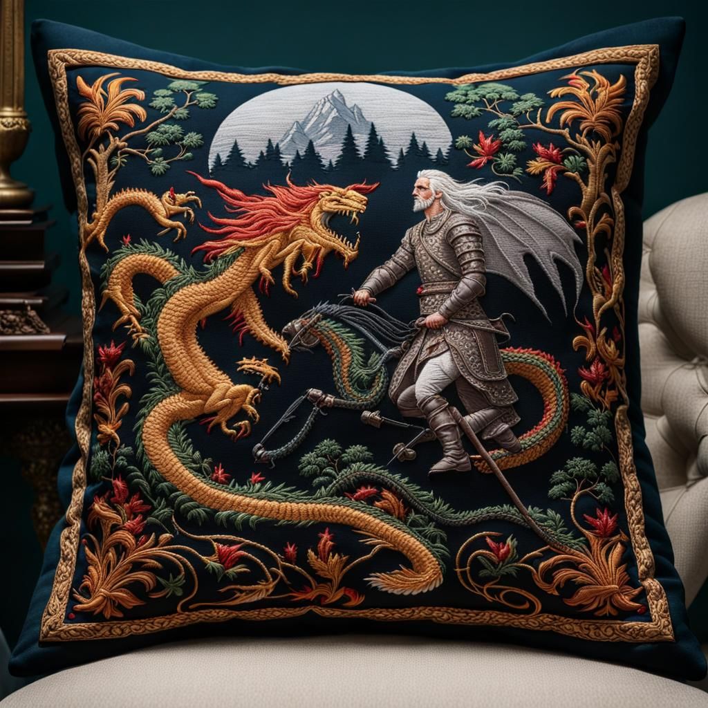 Embroidered Pillow Depicts Witcher Dragon Battle