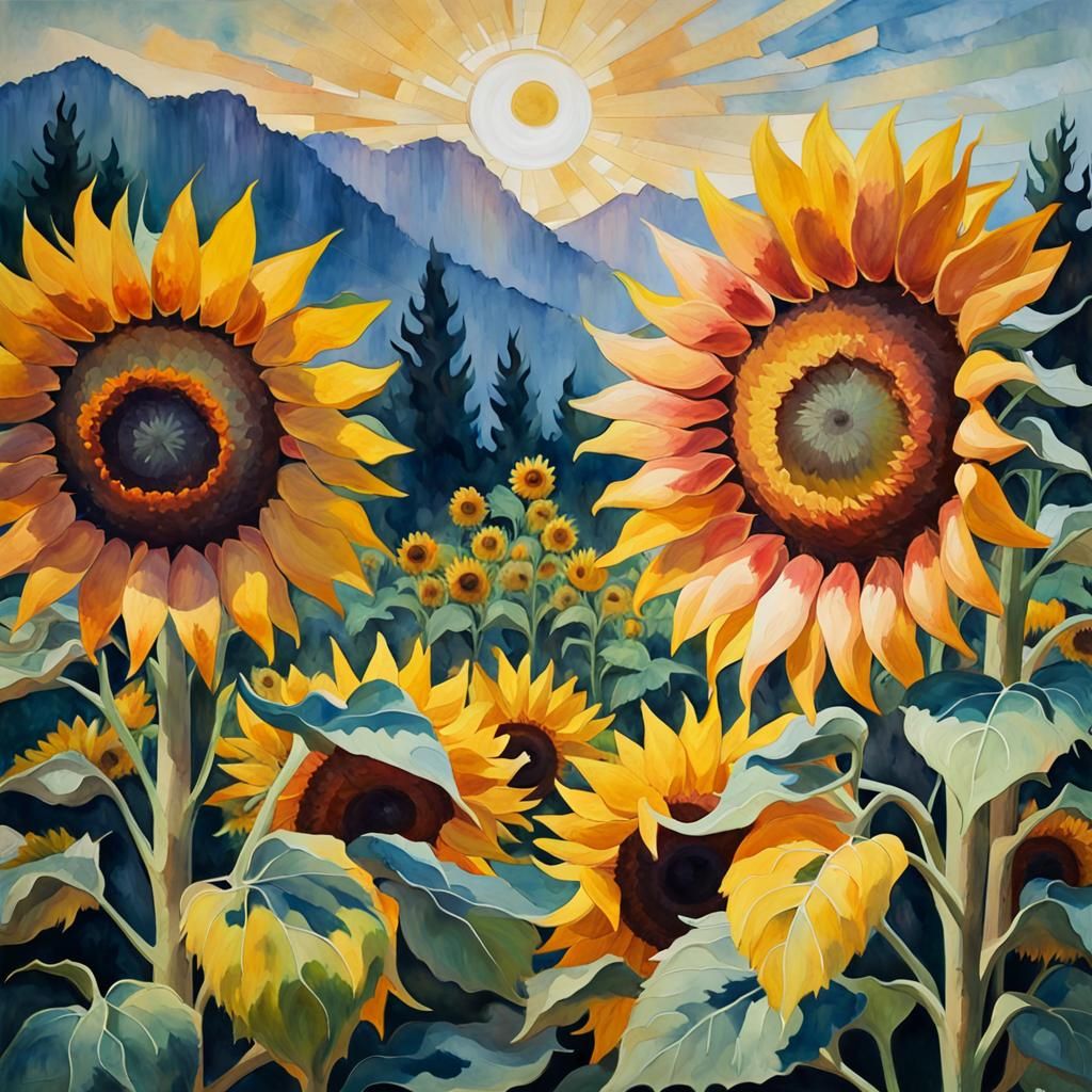 Sunflower Double Exposure in Gouache Impressionist Style