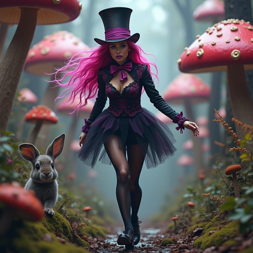 Mad Hatter Lady Chasing Rabbit in Digital Painting