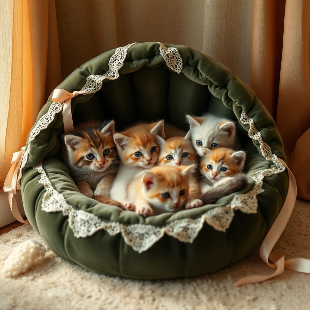 Kittens in Velvet Bed, Illustrated Style