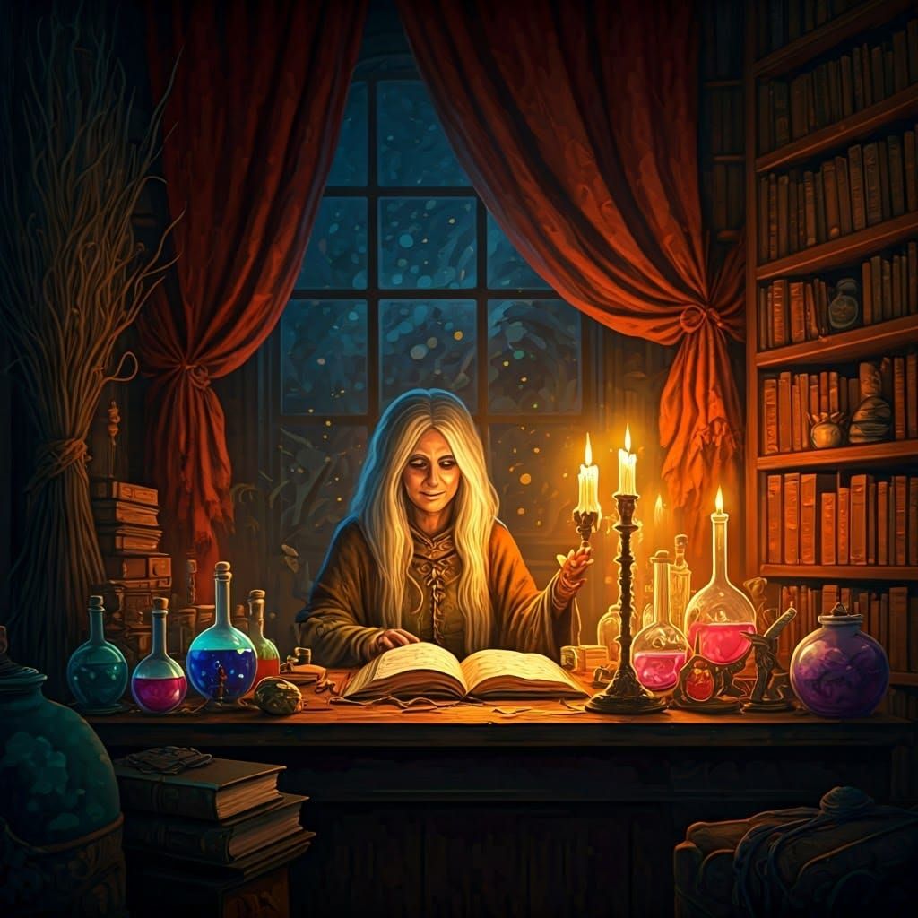 Enchanted Wizard's Lair with Glowing Potions