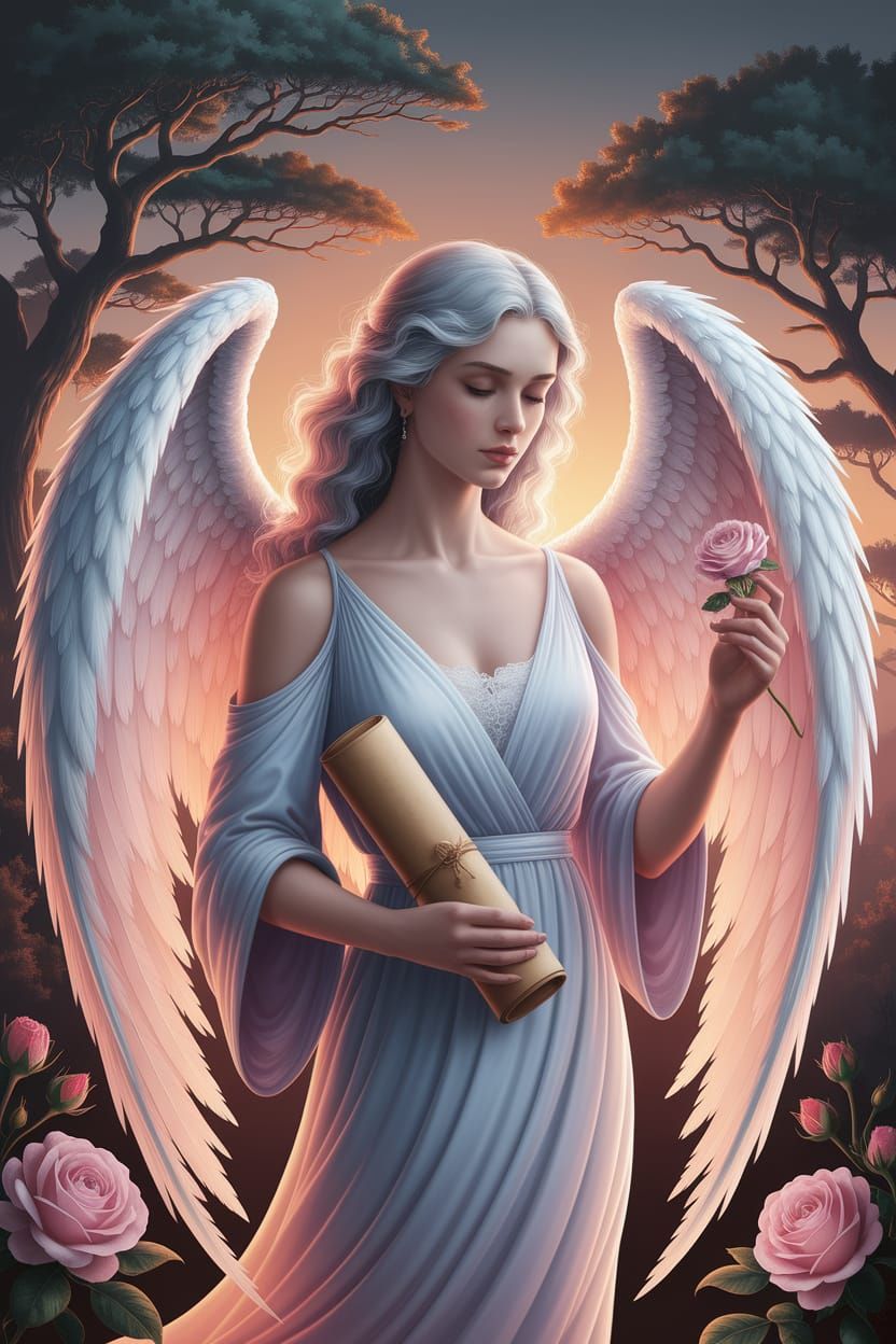 Angel in Soft Golden Light Amidst Whispering Trees