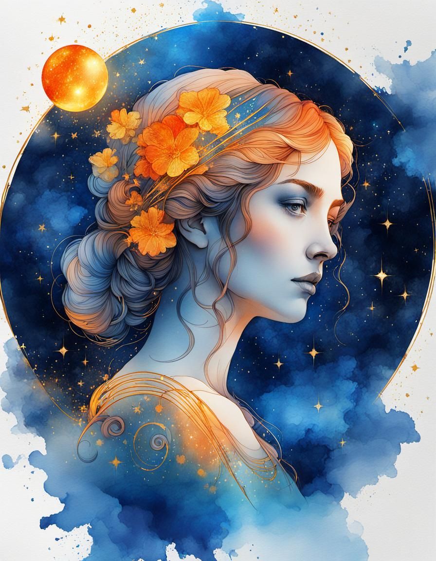 Woman as Aries in Double Exposure Line Art