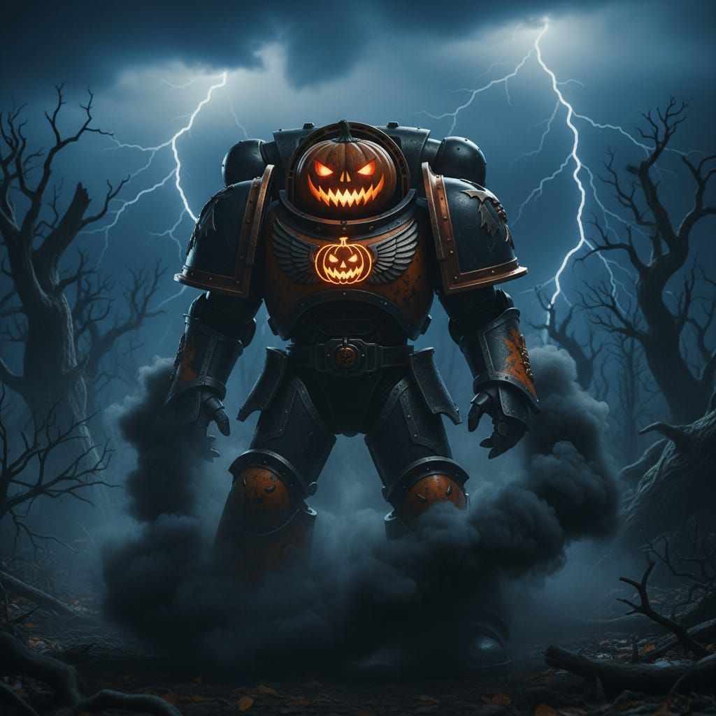 Space Marine in Pumpkin Armor Amidst Stormy Forest