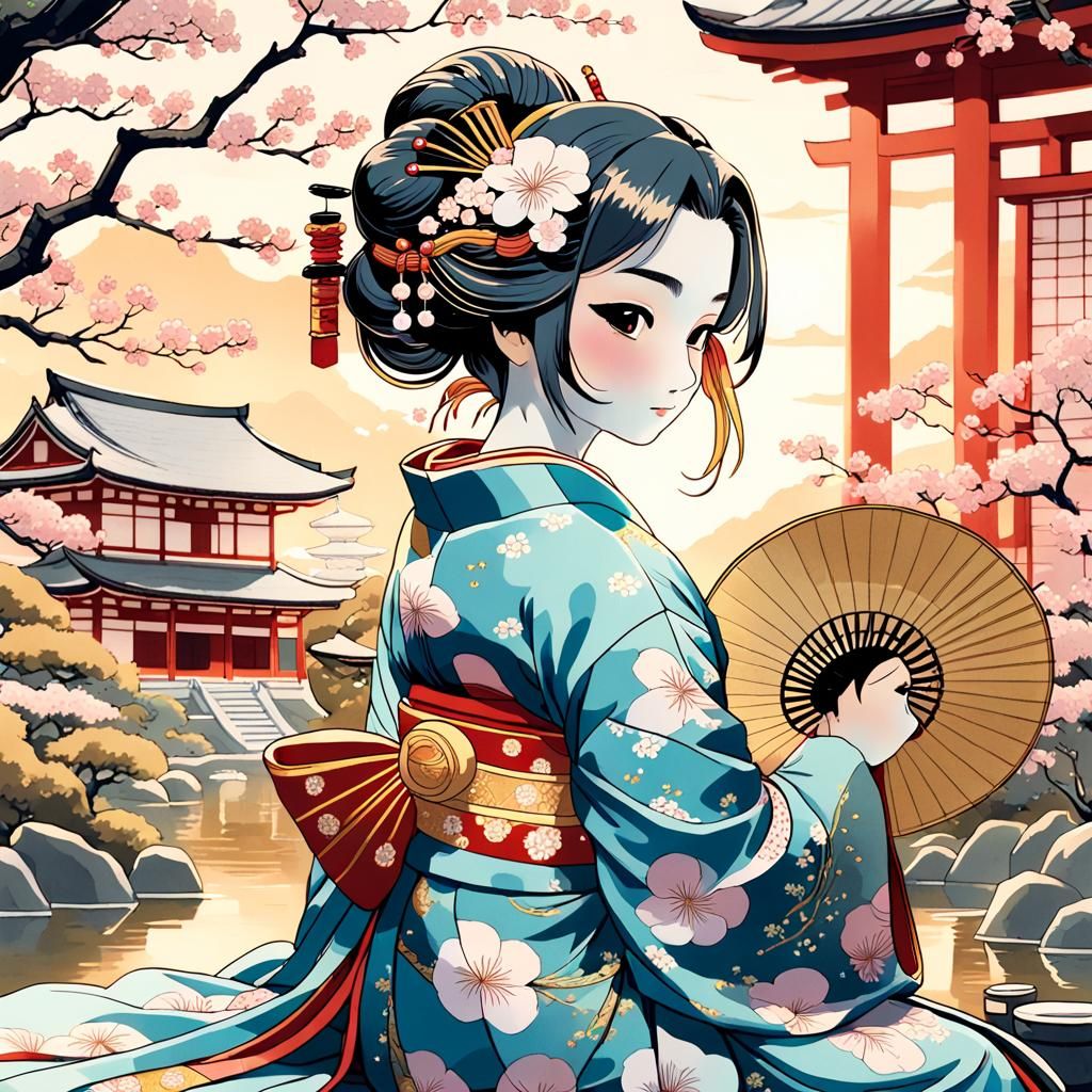 Ukiyo-e Geisha Portrait in a Tranquil Garden