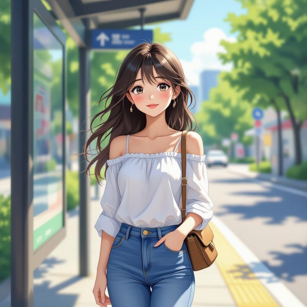Anime Girl in Blue Jeans at Bus Stop