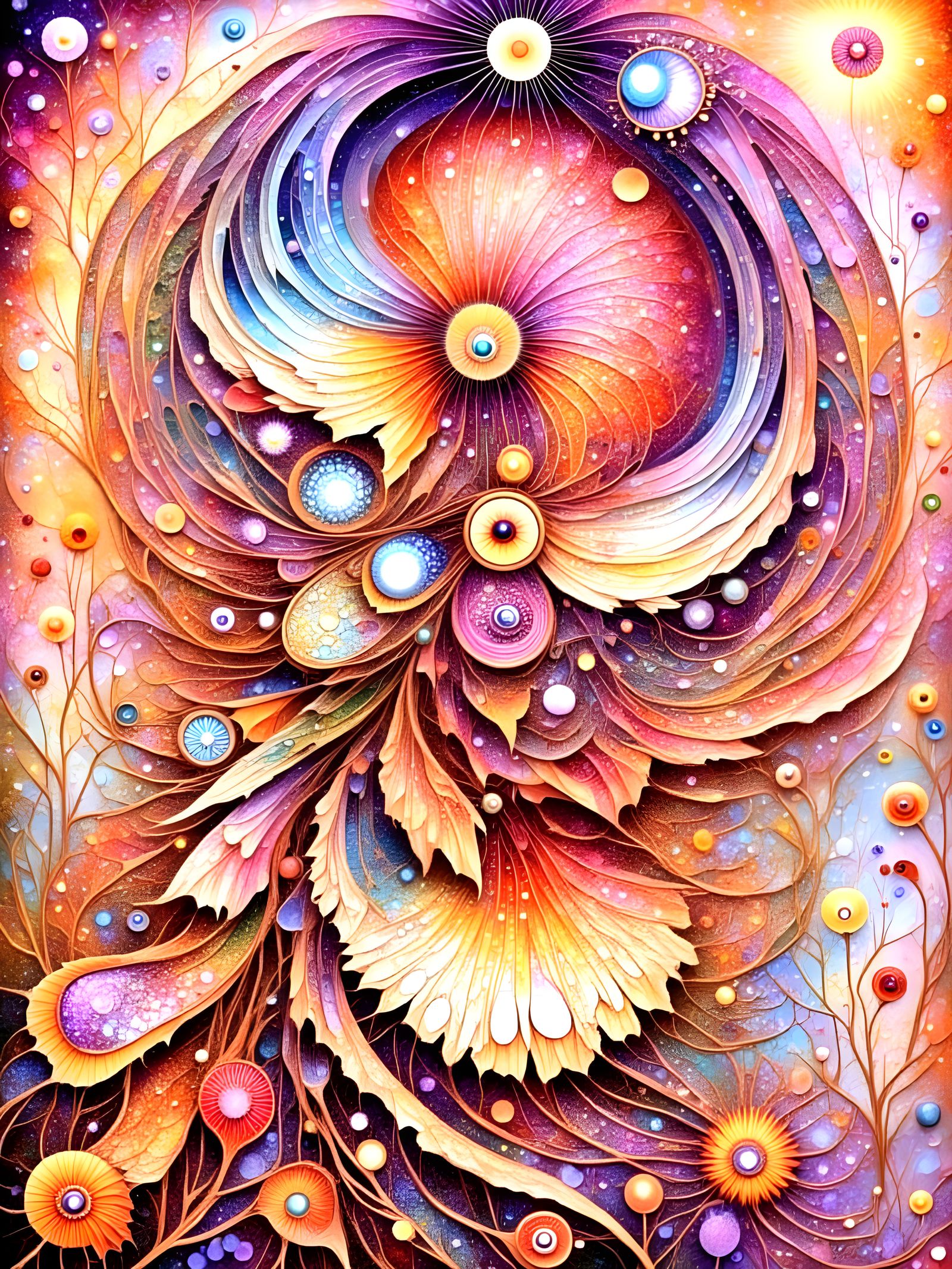 Fractal Owl Goddess Holding Baby Owl in Dreamscape