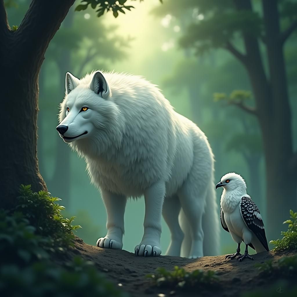 White Wolf and Raven in Emerald Forest