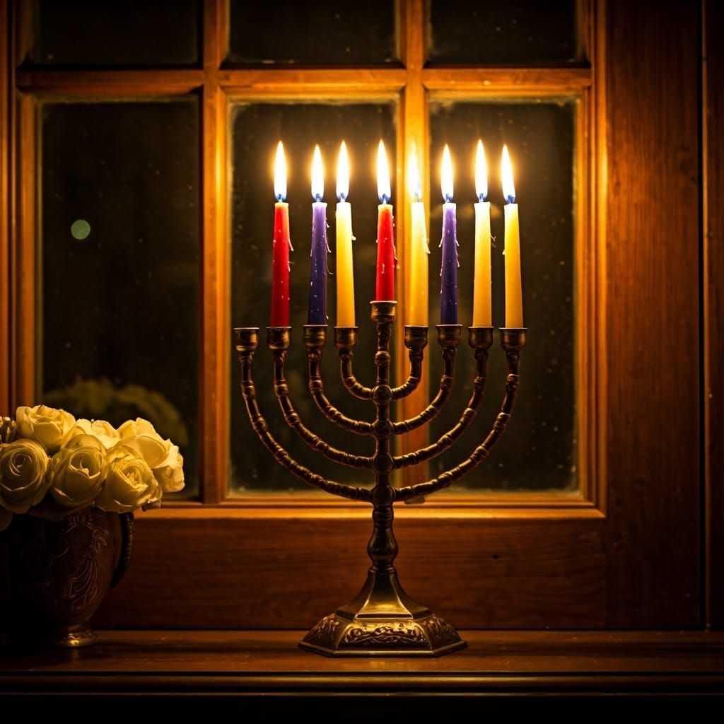Warm Traditional Jewish Home with Golden Menorah Display