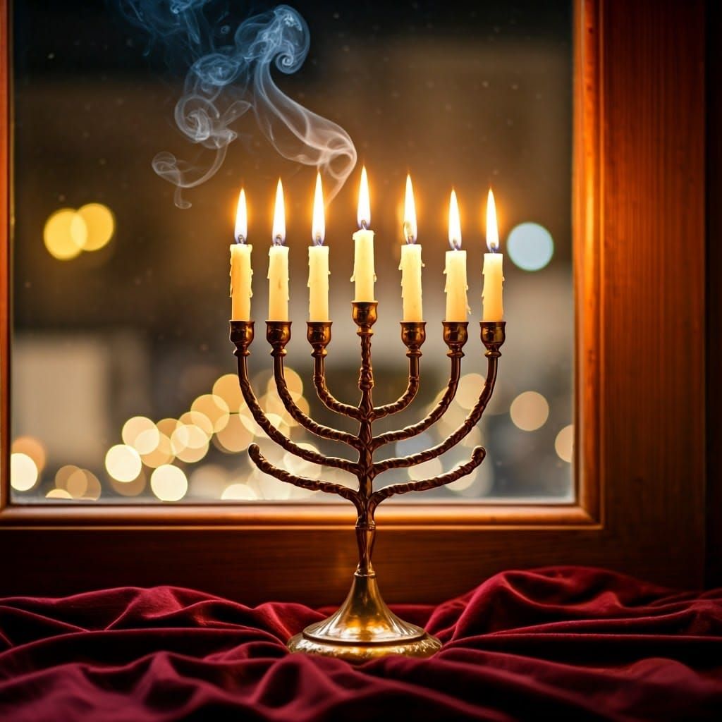 Traditional Home Window with Golden Menorah in Soft Focus