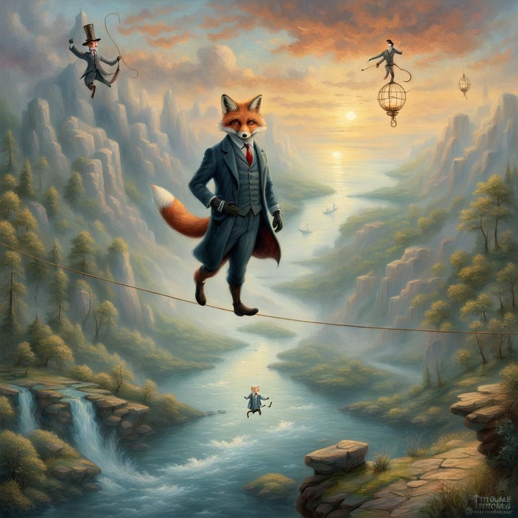 Business Fox Walks Tightrope Above Kraken in Fantasy Style