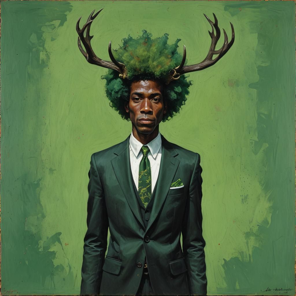 Portrait of Man with Green Afro, Oil Painting