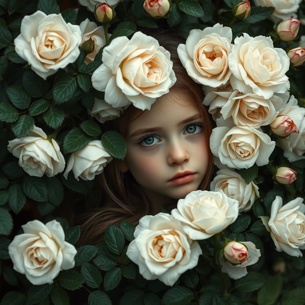 A Young Girl Surrounded by White Roses in a Dreamlike Pre-Ra...