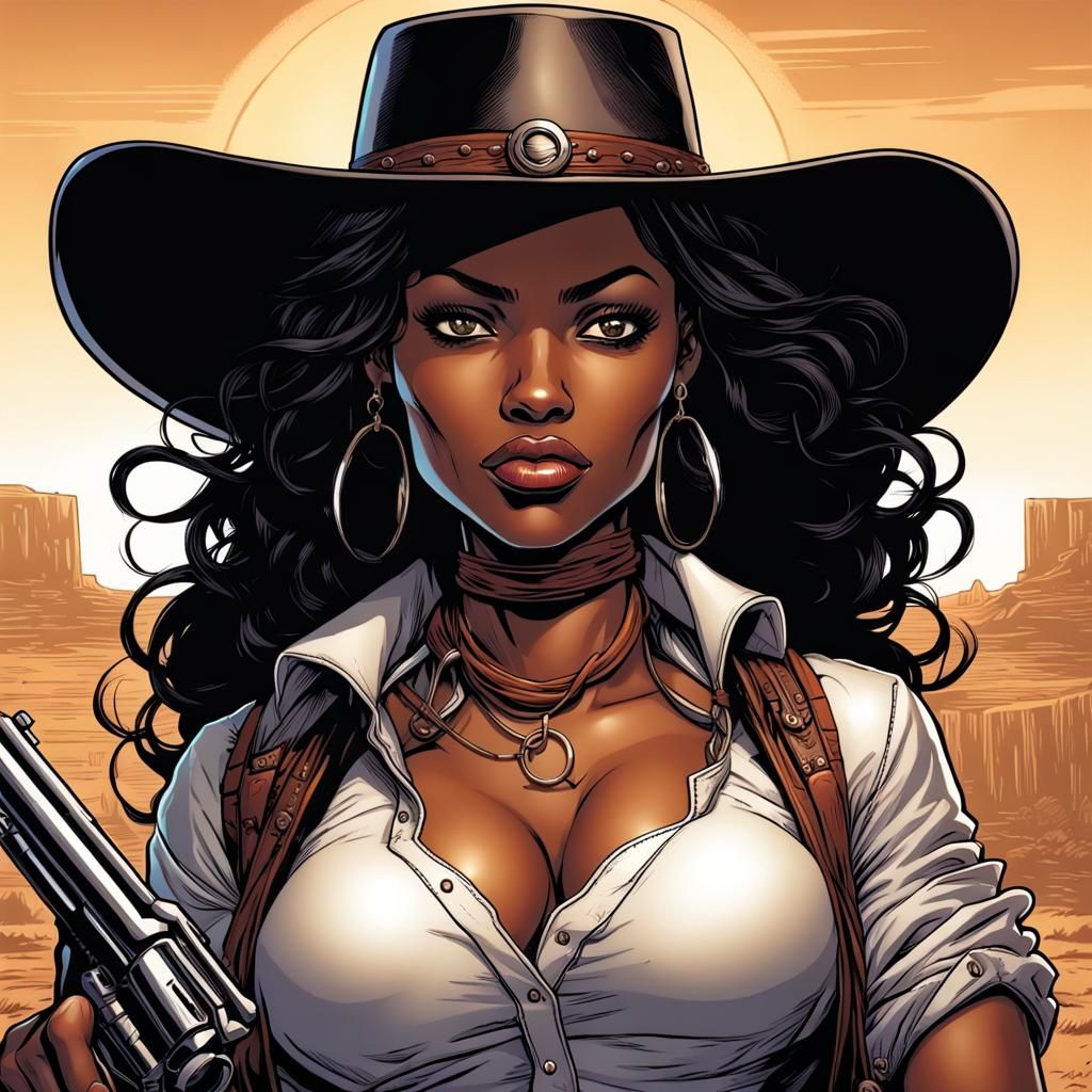 Black Cowgirl Gunslinger in Comic Book Art Style