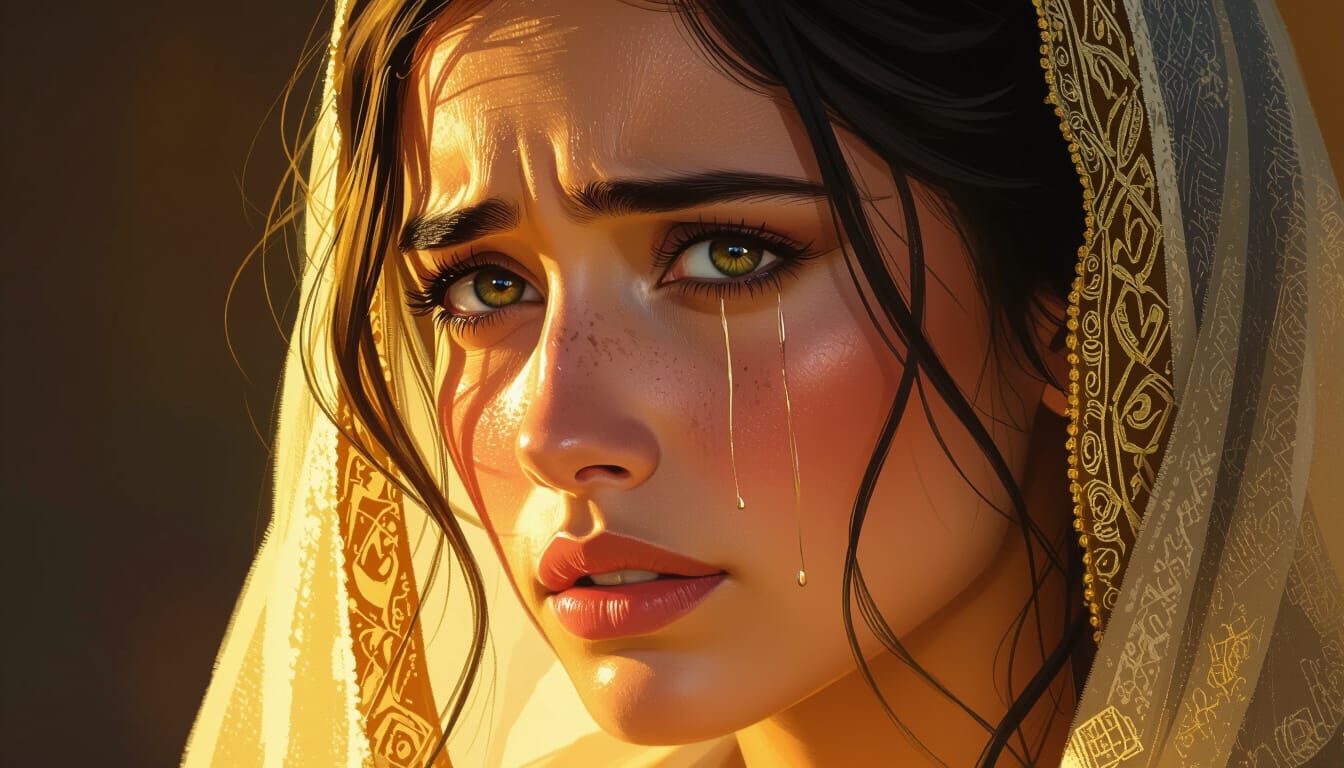 Close-up Portrait of Sarai's Emotional Face with a Single Te...