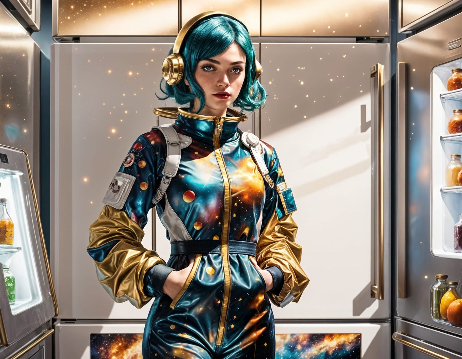 Girl in Space Suit Reflecting Magical Universes