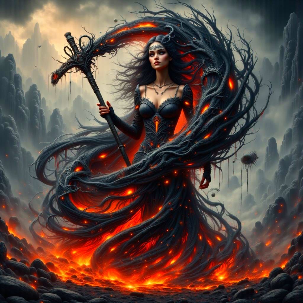 Surreal Grim Reaper in Whirlwind of Lava and Shadows