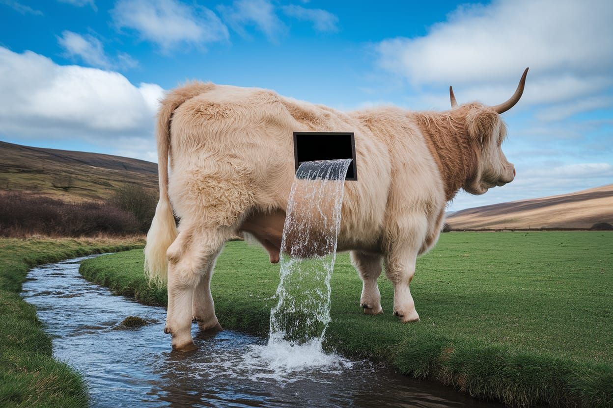 Cripes! Is that... a waterfall from the side of a COW???!