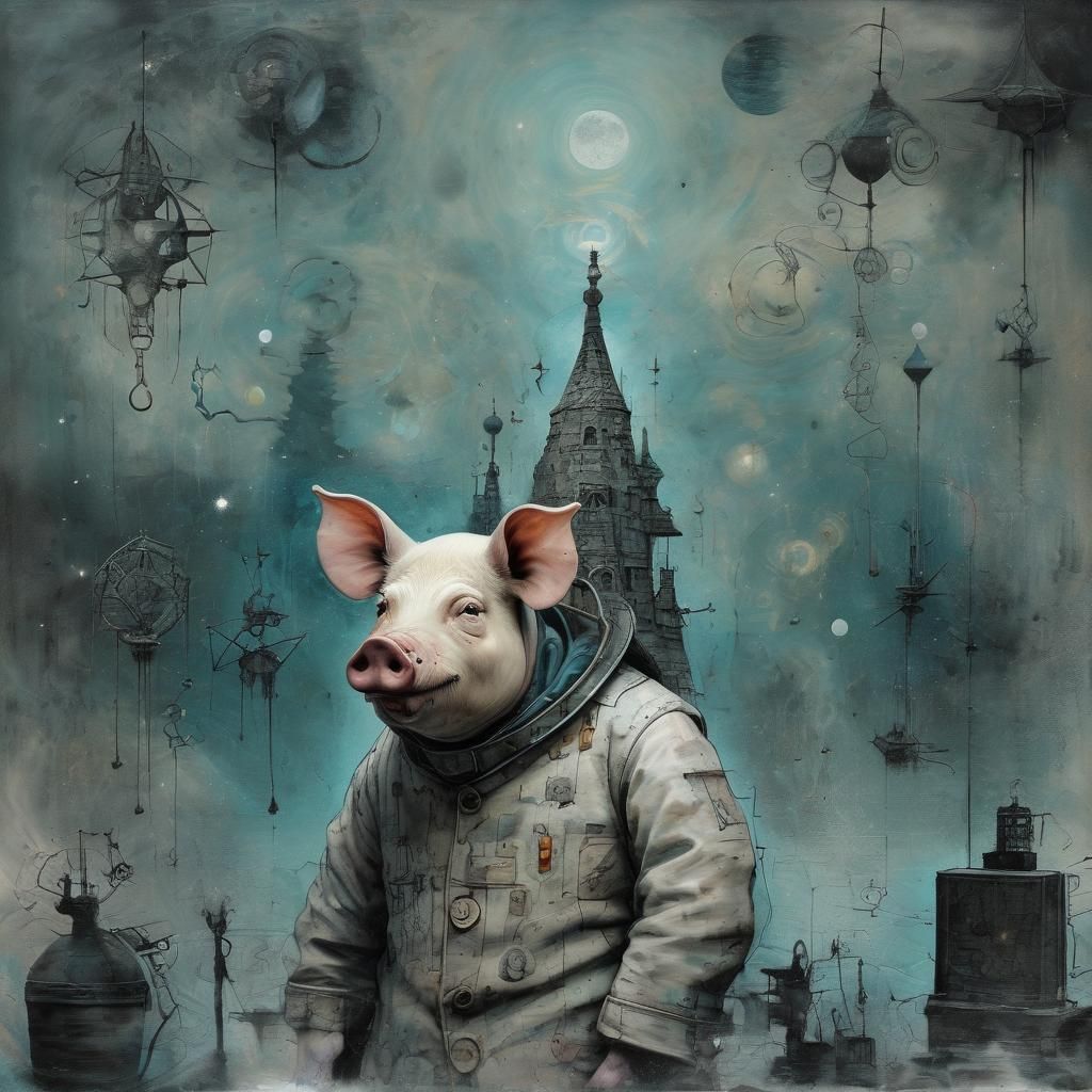 Surreal Pig Namaste in Futuristic Sky, Expressive Art