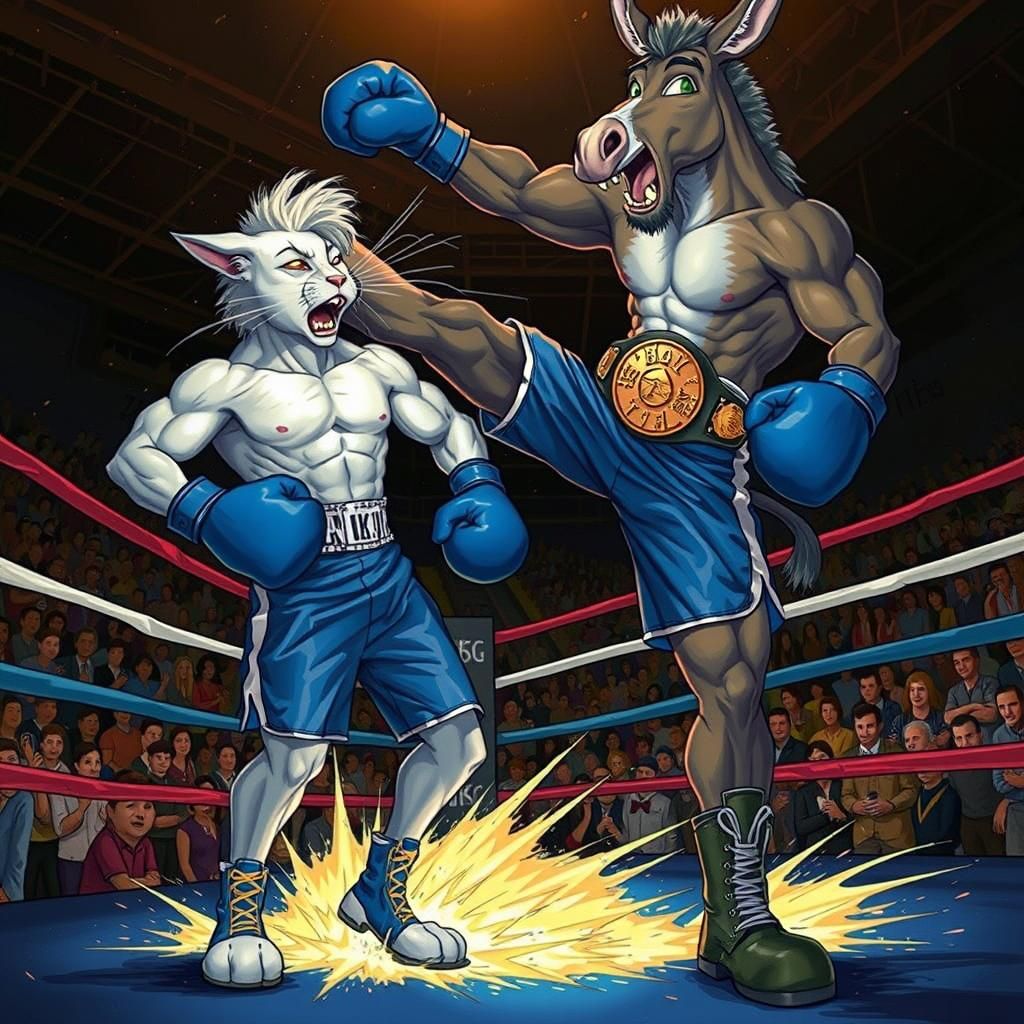 Anthropomorphic Donkey Knocks Out Cat in Boxing Ring